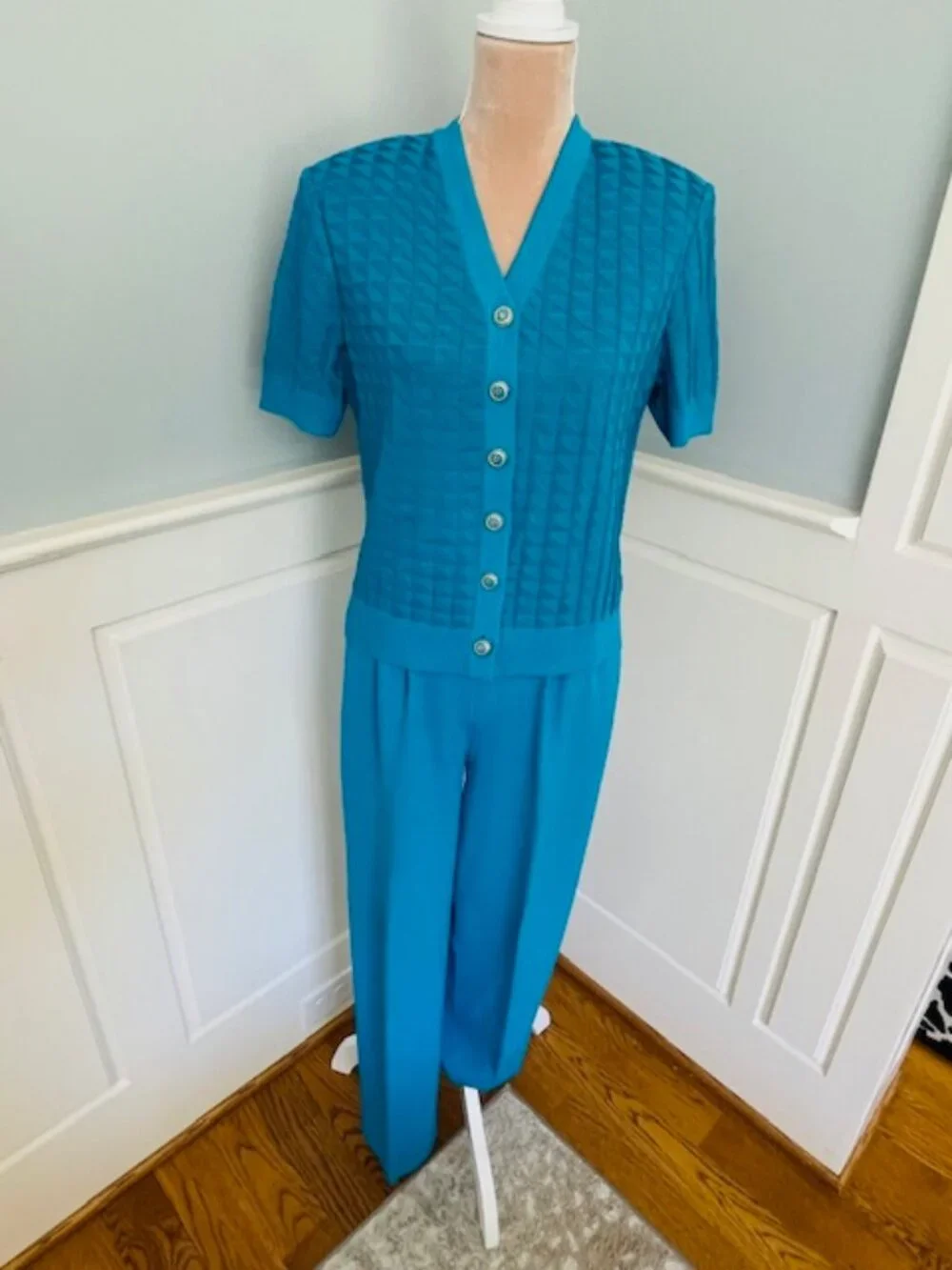 St. John Collection Santana Knit Pantsuit Teal 2 Piece Luxe Knit Wide Leg Small - Picture 2 of 12